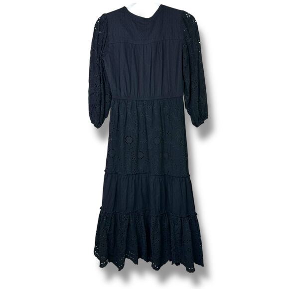 Nurture by Westbound Black V-Neck Eyelet Cotton Tie-Waist Midi Dress Small - Picture 3 of 5